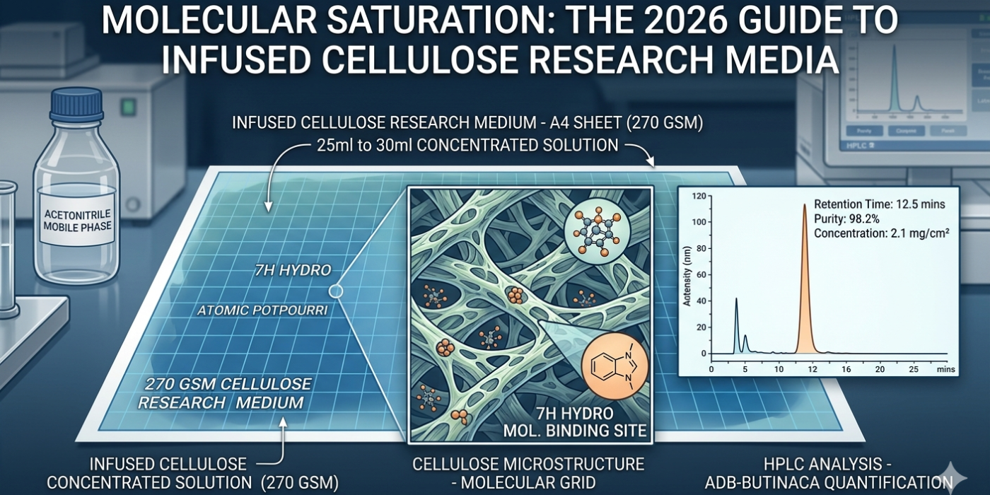 Diagram of synthetic cannabinoid molecular locking on infused cellulose research media, including HPLC quantification of ADB-BUTINACA.