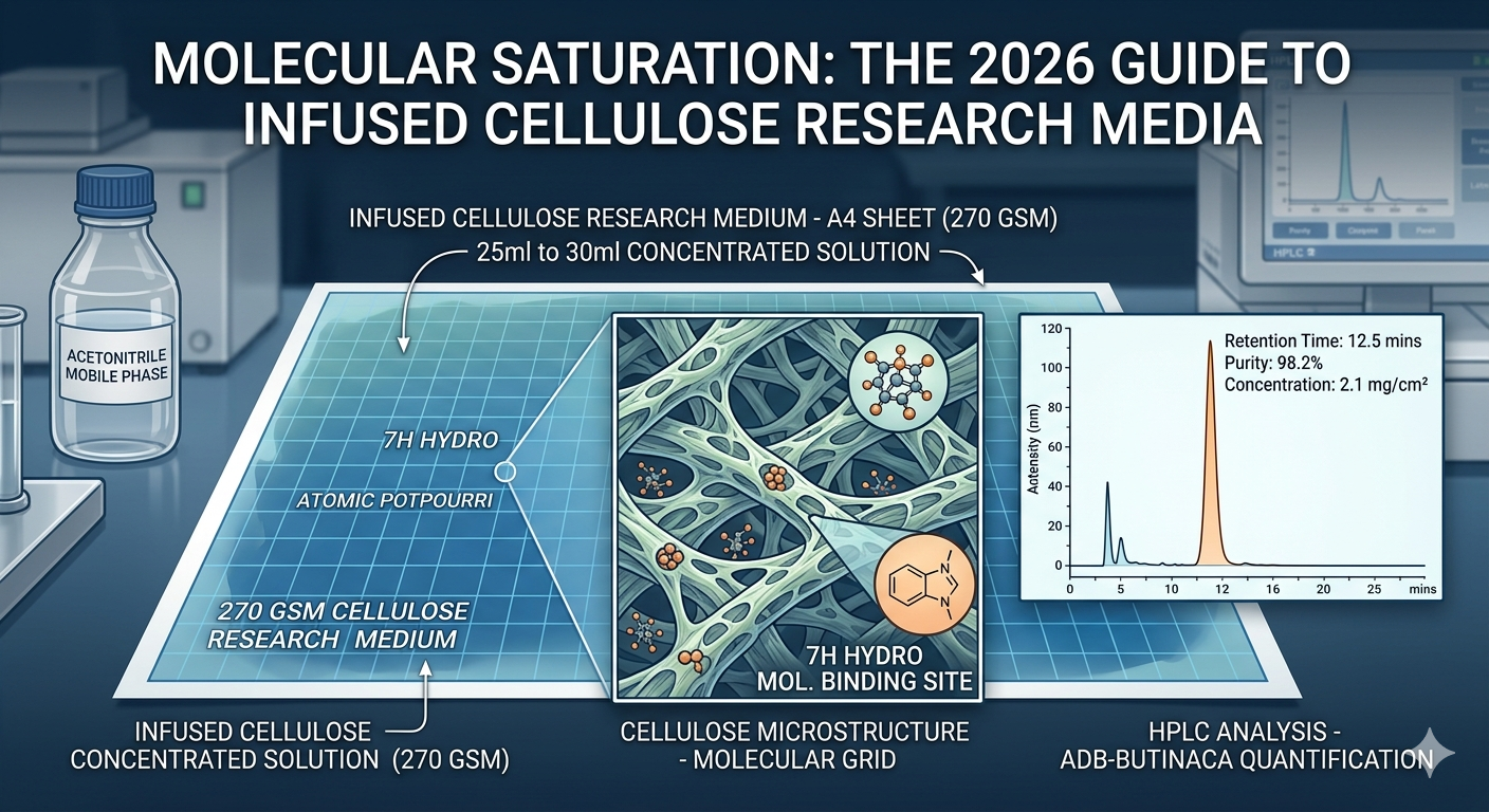 Diagram of synthetic cannabinoid molecular locking on infused cellulose research media, including HPLC quantification of ADB-BUTINACA.