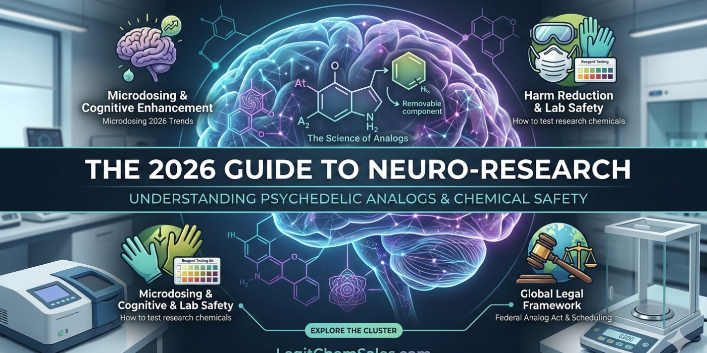 Infographic of Research Chemical Definition 2026 showing molecular analogs, 5-HT2A receptor mapping, and lab safety protocols for LegitChemSales.