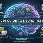 Infographic of Research Chemical Definition 2026 showing molecular analogs, 5-HT2A receptor mapping, and lab safety protocols for LegitChemSales.