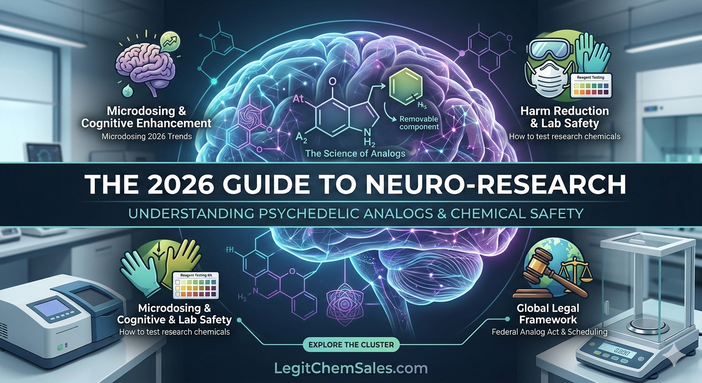 Infographic of Research Chemical Definition 2026 showing molecular analogs, 5-HT2A receptor mapping, and lab safety protocols for LegitChemSales.